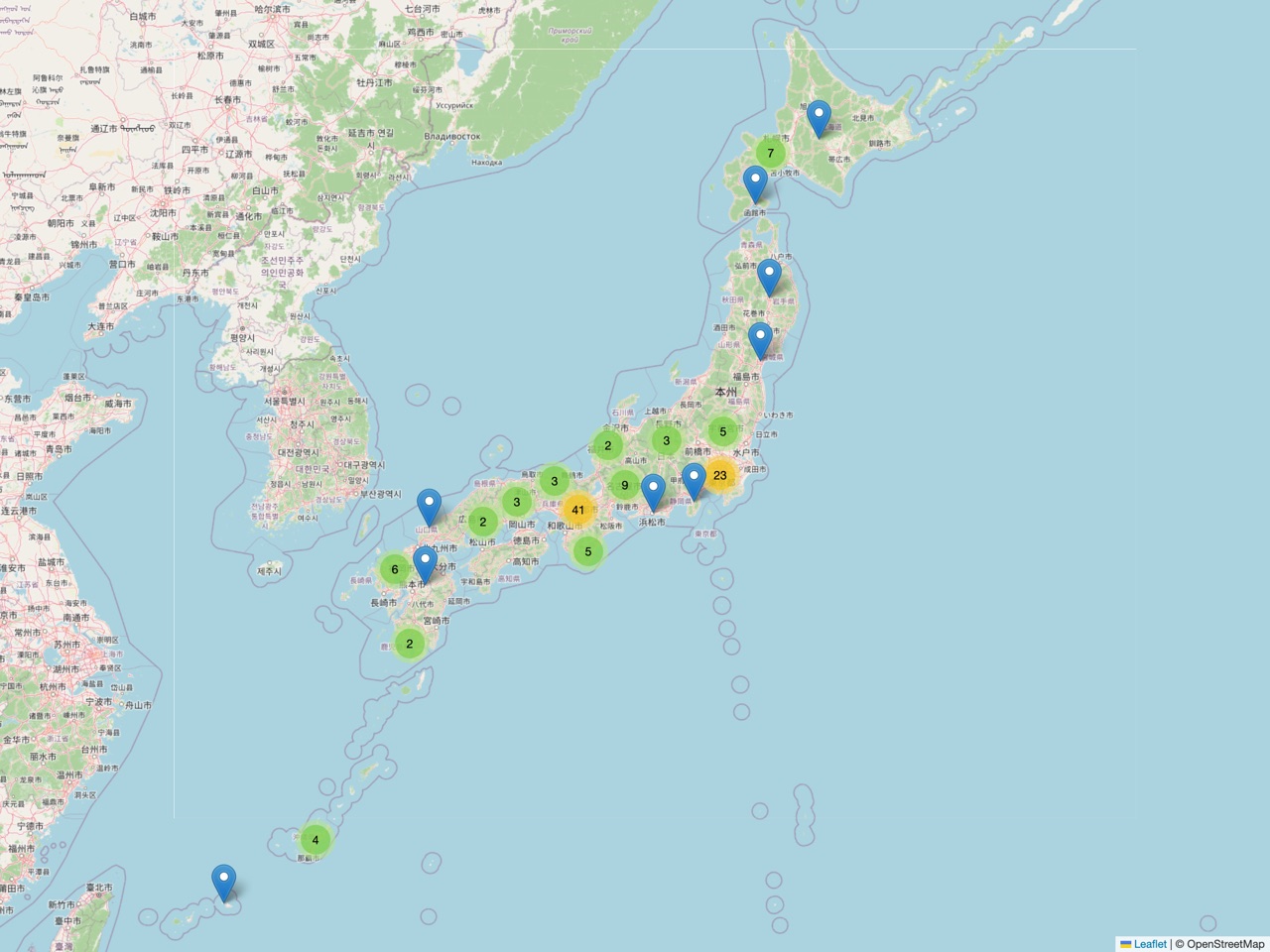 日本のマリオット系列ホテルの分布を示したマップ